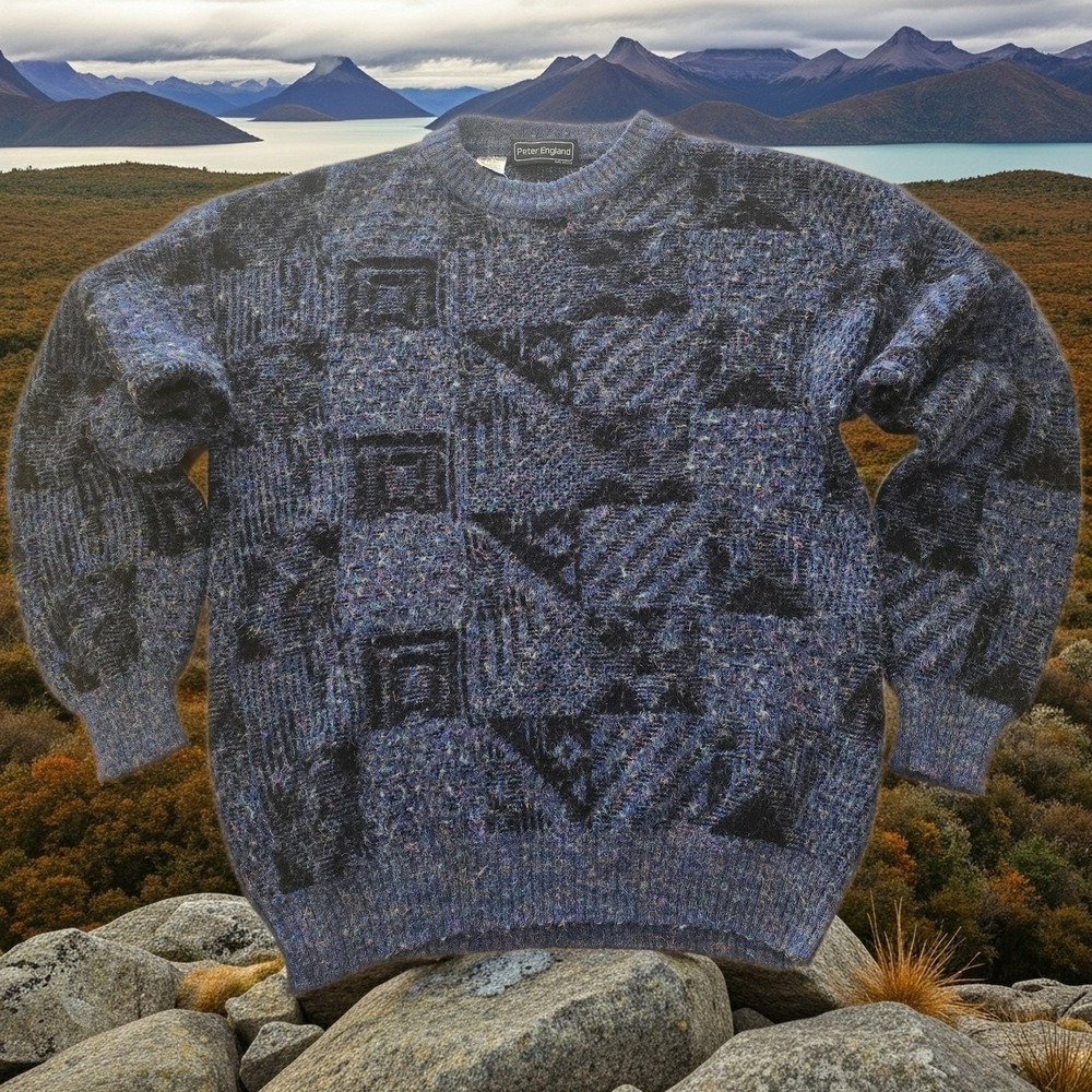 Peter England Vintage Mens‎ L Blue Textured Knit Wool Blend Sweater Italy